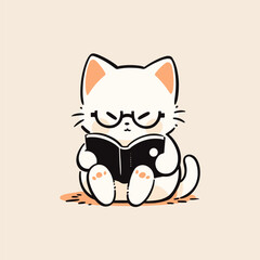 Obraz premium Adorable Cat Reading a Book in Minimalist Cartoon Style. Cute Cat Vector.
