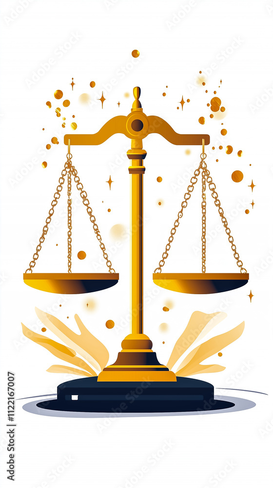 Poster this artwork features a golden scale symbolizing fairness, framed by colorful splashes and minimalis