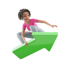 3d beautiful woman surfing on green arrow