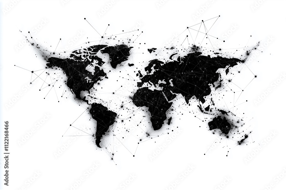 Poster this artwork features a minimalist world map with detailed lines and dots illustrating global connec