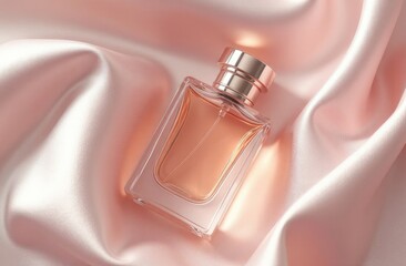 Perfume bottle on pink silk fabric. Luxury background. Space for text. View from above.