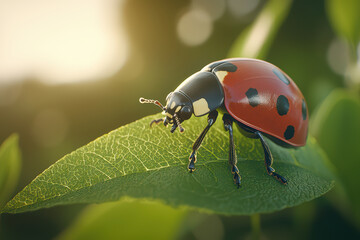 Fototapeta premium close up of ladybug resting on green leaf, showcasing its vibrant red body with black polka dots. soft sunlight enhances natural beauty of this small insect