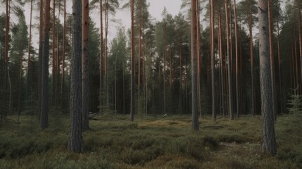 Obraz premium A serene forest scene with tall trees and lush undergrowth.