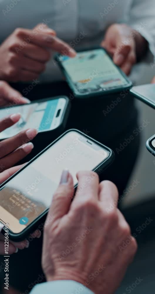 Poster above, business people and phone screen in hands for research, networking and website scroll. compan