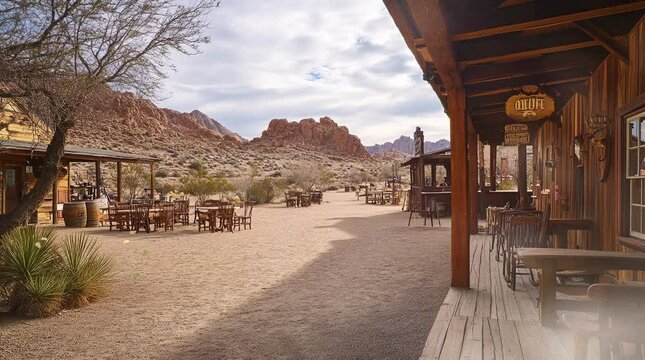 Rustic Wild West town at dusk with glowing lanterns and a dramatic sky  
Seamless looping 4k time-lapse virtual video animation Generated AI