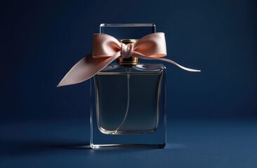 Perfume bottle on dark blue background, Space for text. banner