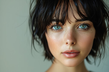 Woman with short hair and blue eyes