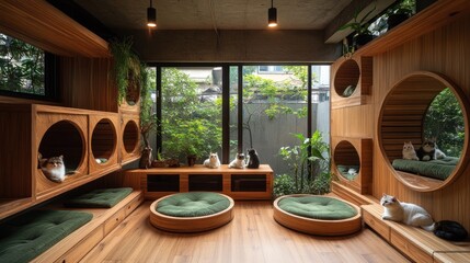 Fototapeta premium Modern cat room with circular wooden beds, shelves, and large windows showing lush greenery.