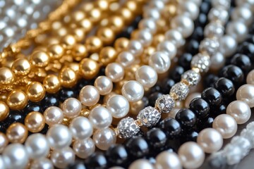 A row of pearls and beads in various colors and sizes
