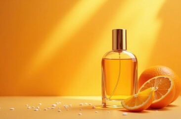 Orange perfume bottle on orange background, oranges next to it, light from window. Fruity aroma. Space for text.