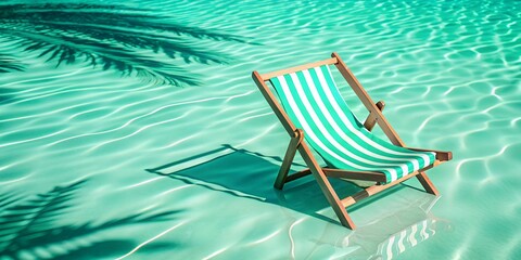 Relaxing beach chair in serene turquoise water surrounded by palm tree shadows creates a peaceful tropical atmosphere