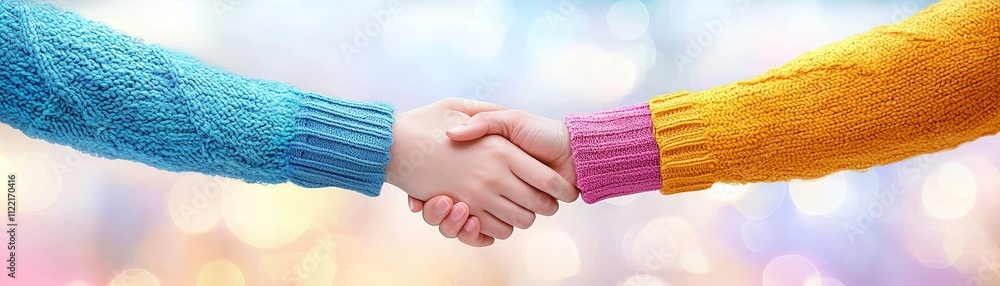 Aufkleber two hands shaking in colorful sweaters with a soft background