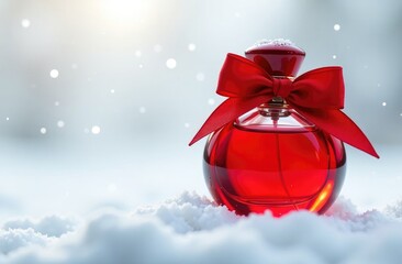 Bottle of perfume on New Year's festive snow background, against background of a Christmas tree, blurred, festive background, bokeh. Place for text, free space.