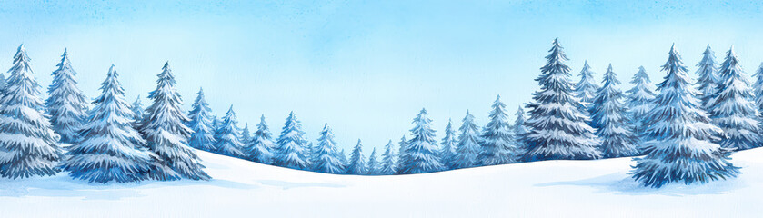 Obraz premium serene snowy alpine forest landscape with tall evergreen trees, blanketed in fresh snow under clear blue sky. tranquil scene evokes sense of peace and winter beauty