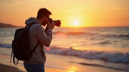 The image shows a young man standing on a beach, holding a camera and taking a photo of the sunset. He is wearing a grey hoodie and has a backpack on his back.