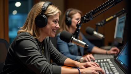 Fototapeta premium The image shows two women sitting in front of a microphone in a recording studio. The woman on the left is wearing a black sweater and has blonde hair.