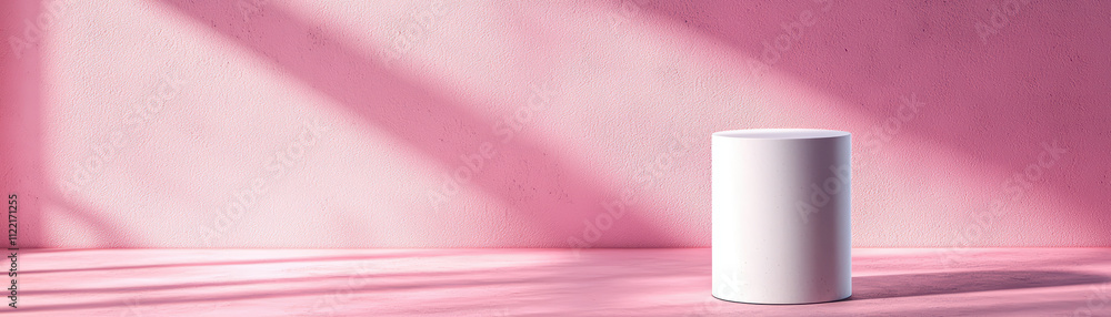 Poster minimalistic white podium on pink background with soft shadows. this serene setting creates perfect 