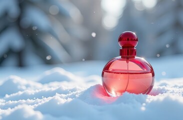 Bottle of perfume on New Year's festive snow background, against background of a Christmas tree, blurred, festive background, bokeh. Place for text, free space.