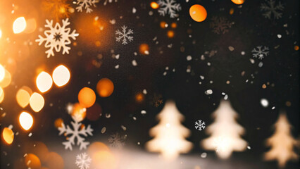 Obraz premium Festive holiday background with red and gold tones, including bokeh light effects, sparkling snowflakes, and subtle Christmas tree silhouettes, designed to evoke warmth and celebration