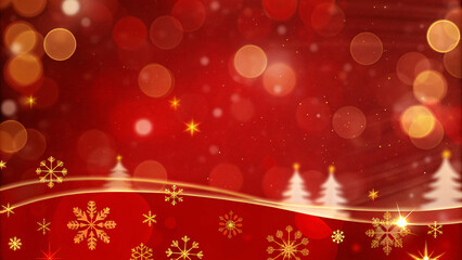 Festive holiday background with red and gold tones, including bokeh light effects, sparkling snowflakes, and subtle Christmas tree silhouettes, designed to evoke warmth and celebration