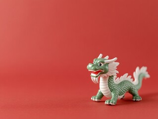 Fototapeta premium Cute green dragon toy figurine on vibrant red background. Playful mythical creature. Chinese zodiac symbol. Fantasy decor for kids room. Copy space