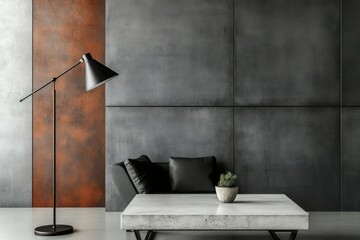 An industrial living room with concrete gray walls and rust-colored lines, featuring a black metal floor lamp over a polished concrete coffee table.