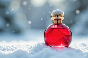 Bottle of perfume on New Year's festive snow background, against background of a Christmas tree, blurred, festive background, bokeh. Place for text, free space.