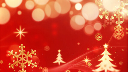 Festive holiday background with red and gold tones, including bokeh light effects, sparkling snowflakes, and subtle Christmas tree silhouettes, designed to evoke warmth and celebration