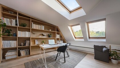 Fototapeta premium a minimalist attic converted into a study room with a long desk under a sloped ceiling integrated bookshelves and a skylight providing natural light the furnishings are simple and functional