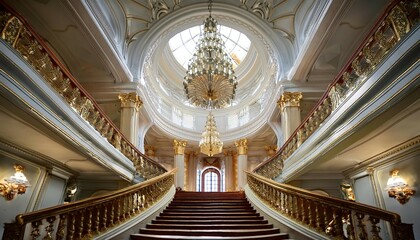 Obraz premium a grand ornate interior with a sweeping staircase intricate architectural details and a chandelier hanging from the domed ceiling