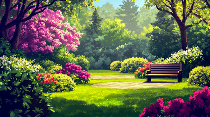 Naklejka premium Springtime Flower Garden with Blooming Rhododendrons and Bench