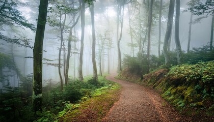 Obraz premium mysterious foggy forest and winding pathway in nature