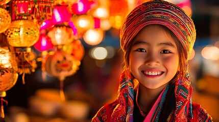 Fototapeta premium Smiling girl in vibrant traditional clothing at night market.