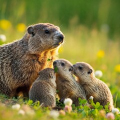 Playful Groundhog Babies Under Their Mother&rsquo;s Watchful Eye