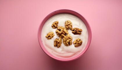 a pink bowl of yogurt topped with walnuts on a pink background