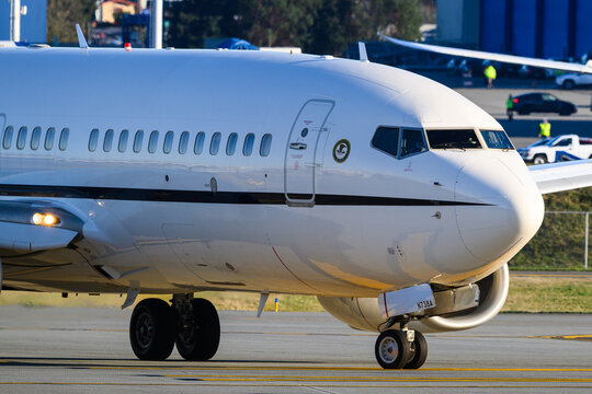 Everett, WA, USA - December 4, 2024; Department of Justice US Marshals Service Boeing 737-700 registration N738A nose closeup