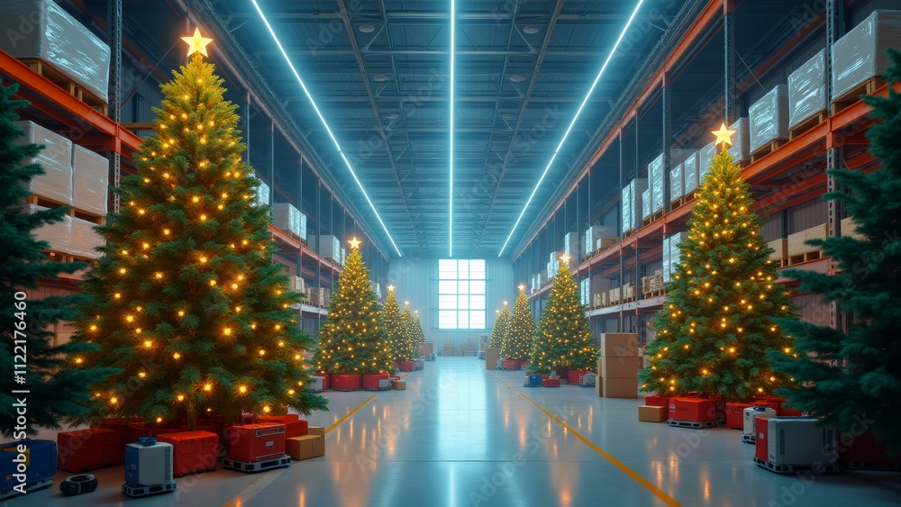 Poster the image shows a large warehouse with rows of shelves on both sides. the shelves are filled with bo