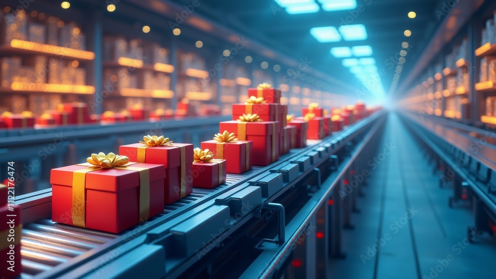 Poster the image shows a row of red gift boxes on a conveyor belt in a warehouse. the boxes are arranged in