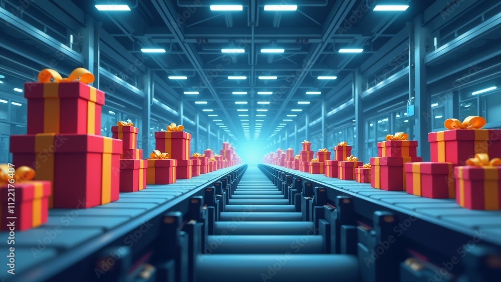 Poster the image shows a long conveyor belt in a large warehouse with rows of red gift boxes on it. the box