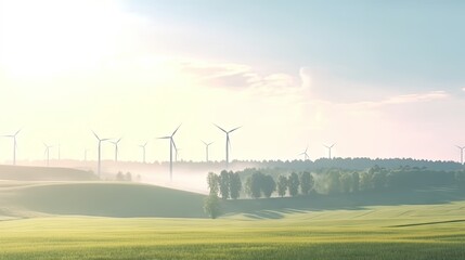 A serene landscape featuring wind turbines amidst rolling hills and trees under a soft sky.