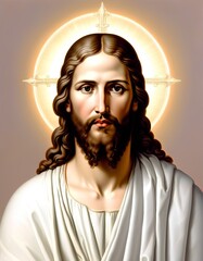 Portrait of Jesus Christ with a halo and a serene expression
