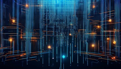 illustration of code compiling like the matrix background from top down blue colored lines dark background