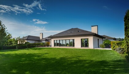 Obraz premium outside view of elegant suburban house with big window green lawn