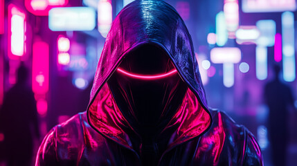 Hooded futuristic figure with glowing visor, neon city lights in the background, creating a cyberpunk vibe