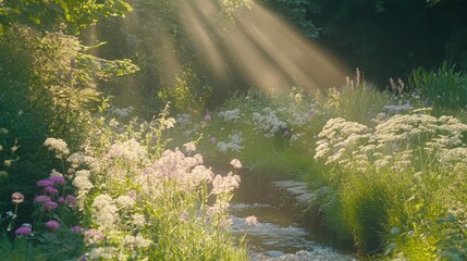 A serene landscape with sunlight filtering through trees, illuminating a stream and flowers.