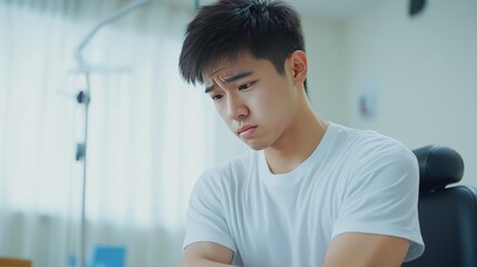 Fototapeta premium Young Asian man doing physiotherapy and seeking advice from muscle pain with shoulder, limbs in rehabilitation center. 