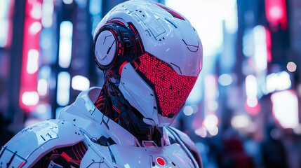 Futuristic humanoid robot with a sleek white exterior and glowing red visor in a vibrant cyberpunk cityscape