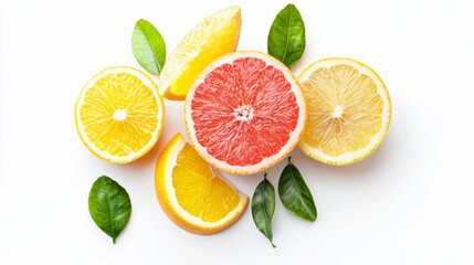 Fototapeta premium A Variety of Colorful Citrus Fruits Accompanied by Green Leaves for a Vibrant Look