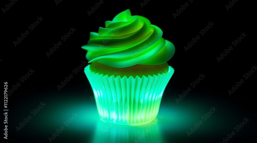 Aufkleber glowing lime cupcake: a single lime green cupcake with swirls of frosting sits on a dark surface, il