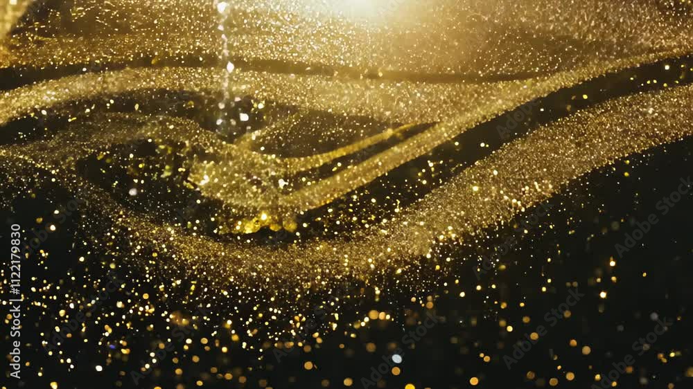 Poster sparkling golden particles dance through the air, creating a mesmerizing visual experience in a diml